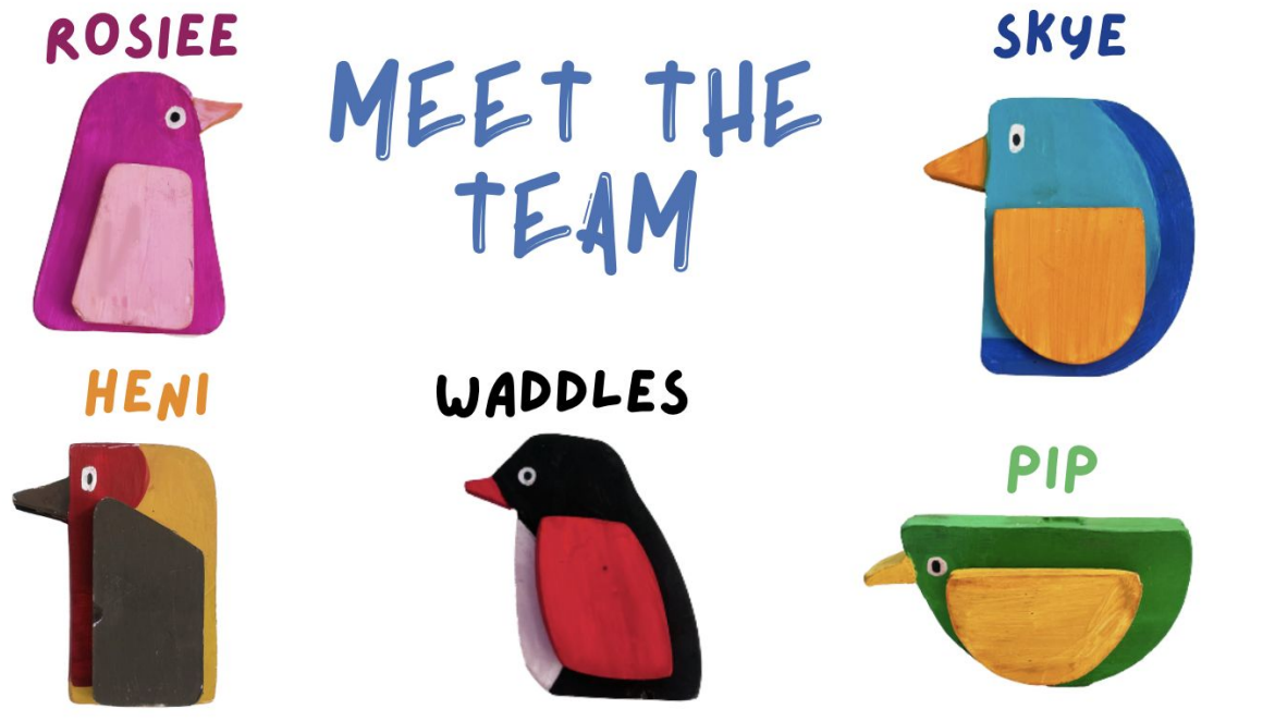 Rosiee, Skye, Heni, Waddles and Pip, the five Perch Play birds